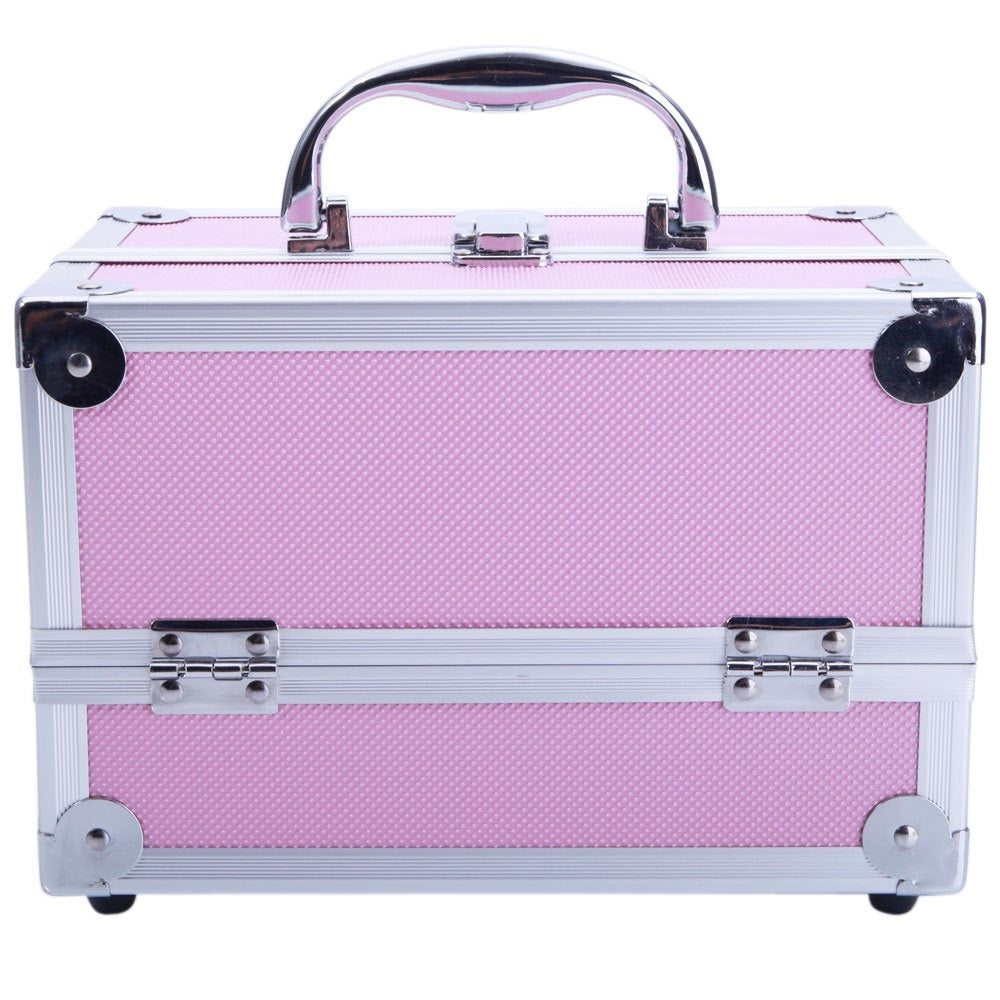 Tabletop Makeup Carry Case with Mirror, Fold-Out Trays and Dividers in Black, Silver or Pink
