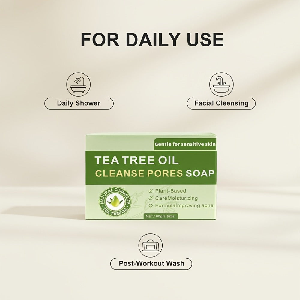 Tea Tree Bar Soap, Three-Pack of Green Plant-Essence-Labeled Bars for Face and Body Washing