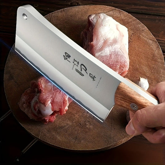 Meat Cleaver Heavy Duty Stainless Steel - Sharp Butcher Knife for Cutting Meat & Bones, Multi-Purpose Kitchen Chopper with Wooden Handle