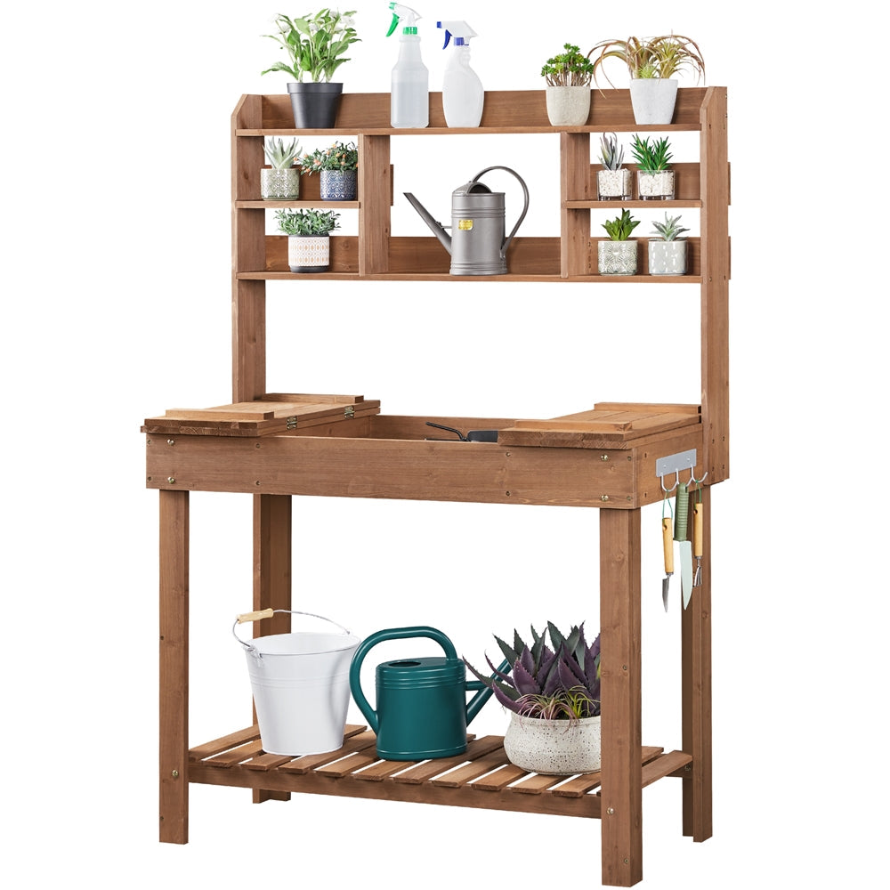 Potting Bench Table Fir Wood Iron Frame Switchable Top Integrated Sink 3-Tier Display Rack Storage Shelf Hanger Waist-High Garden Workstation Outdoor Brown
