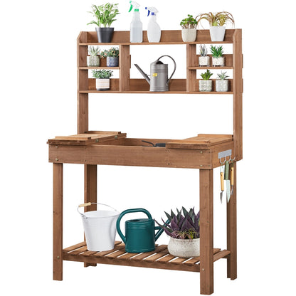 Potting Bench Table Fir Wood Iron Frame Switchable Top Integrated Sink 3-Tier Display Rack Storage Shelf Hanger Waist-High Garden Workstation Outdoor Brown