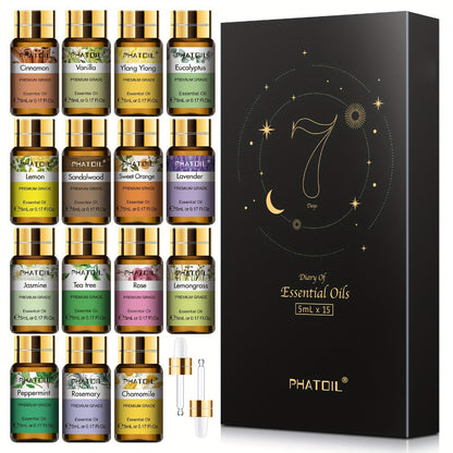 15-Bottle Essential Oil Gift Set with 5ml Assorted Scents in Black Presentation Box for Diffuser Use