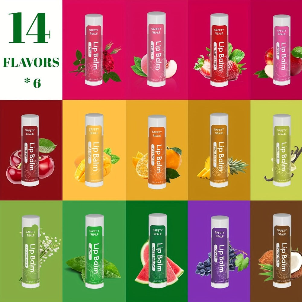 Lip Balm 84-Piece Bulk Set with 14 Flavors, Vitamin E, Coconut Oil and 4.2g Twist-Up Tubes