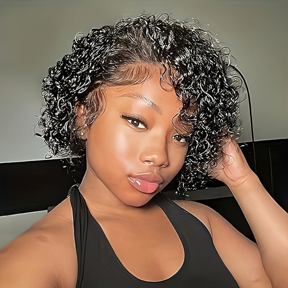 Short Afro Curly Wig Black 6 Inch African American Small Curl Full Synthetic Rose Net Cap Glueless Wig for Women Party Music Festival Show Travel Gift