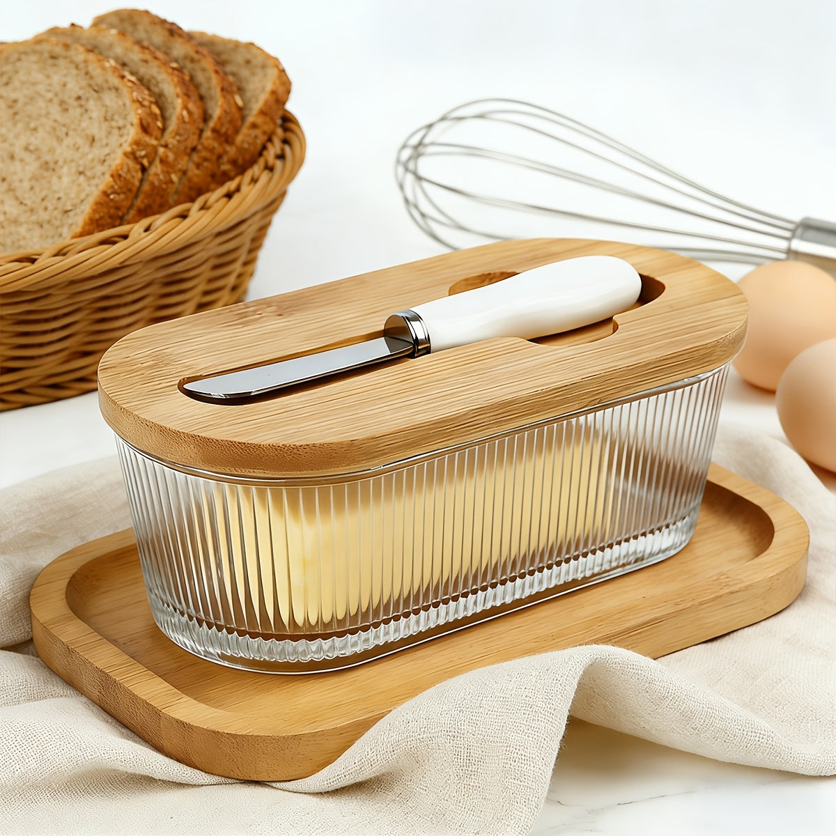 280 ml Ribbed Glass Butter Dish with Bamboo Lid, White-Handle Knife and Stripe-Pattern Checkout Option