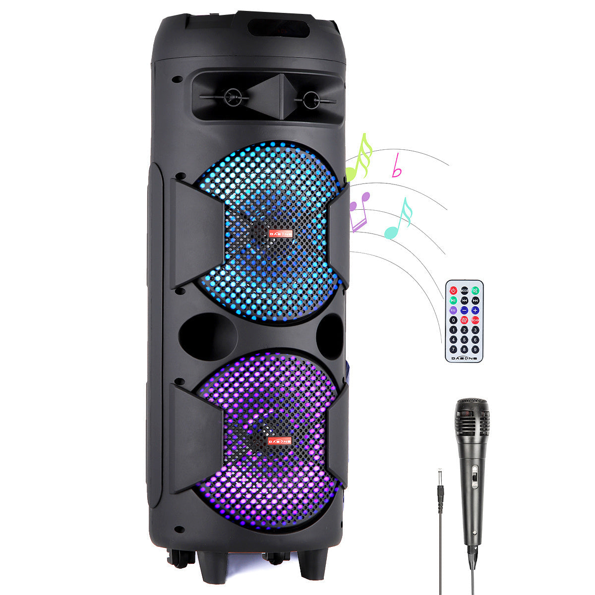 Portable PA Speaker Dual-Woofer RGB Karaoke System with 1800mAh Battery, Wired Mic and Remote