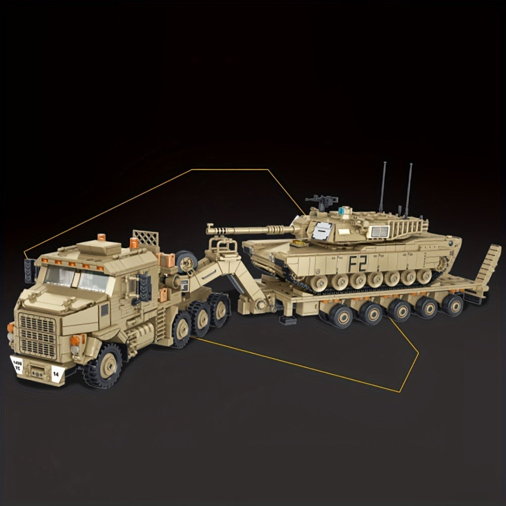 3482-Piece Tank Hauler Building Block Model with Tractor, Long Trailer, Tracked Vehicle and 628015 Code
