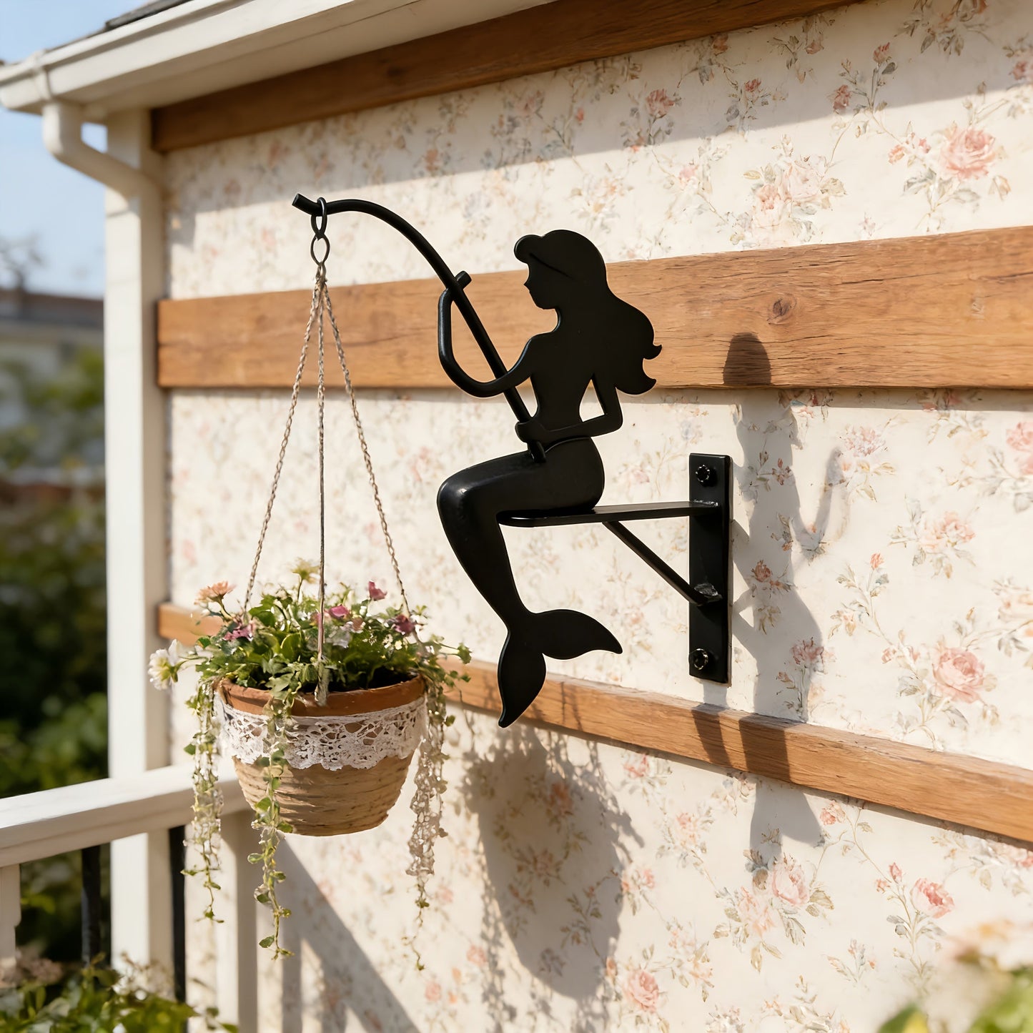 Mermaid Wall Planter Bracket with 9.05-Inch Silhouette, Hanging Hook and Black Metal-Look Finish