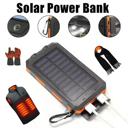Solar Power Bank, 50000mAh Dual-USB Charger with Solar Panel, Dual LED Flashlights, Compass and Four Colors