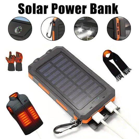 Solar Power Bank, 50000mAh Dual-USB Charger with Solar Panel, Dual LED Flashlights, Compass and Four Colors