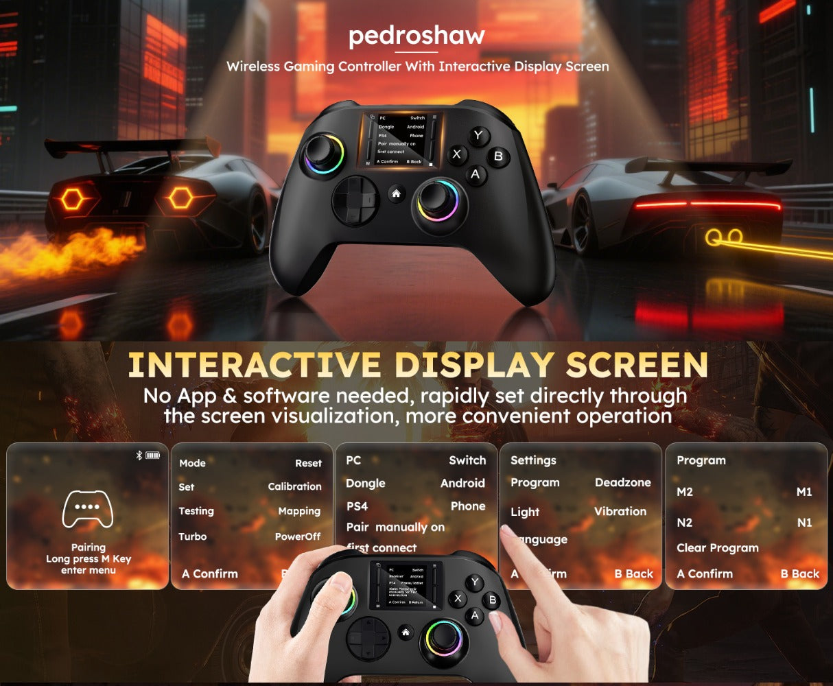 Wireless Gaming Controller Touchscreen PC PS4 Switch Android iOS - 4 Programmable Buttons Rapid Fire 6-Axis Gyroscope Dual Vibration RGB Lighting Bluetooth Gamepad for All Platforms
