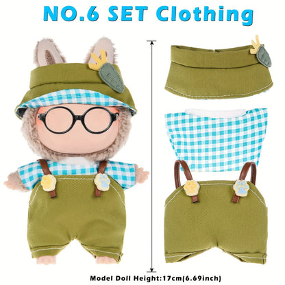 Six-Outfit Doll Clothes Set for 17cm Mini Dolls with Coordinated Tops, Shorts, Skirts, Overalls and Hats
