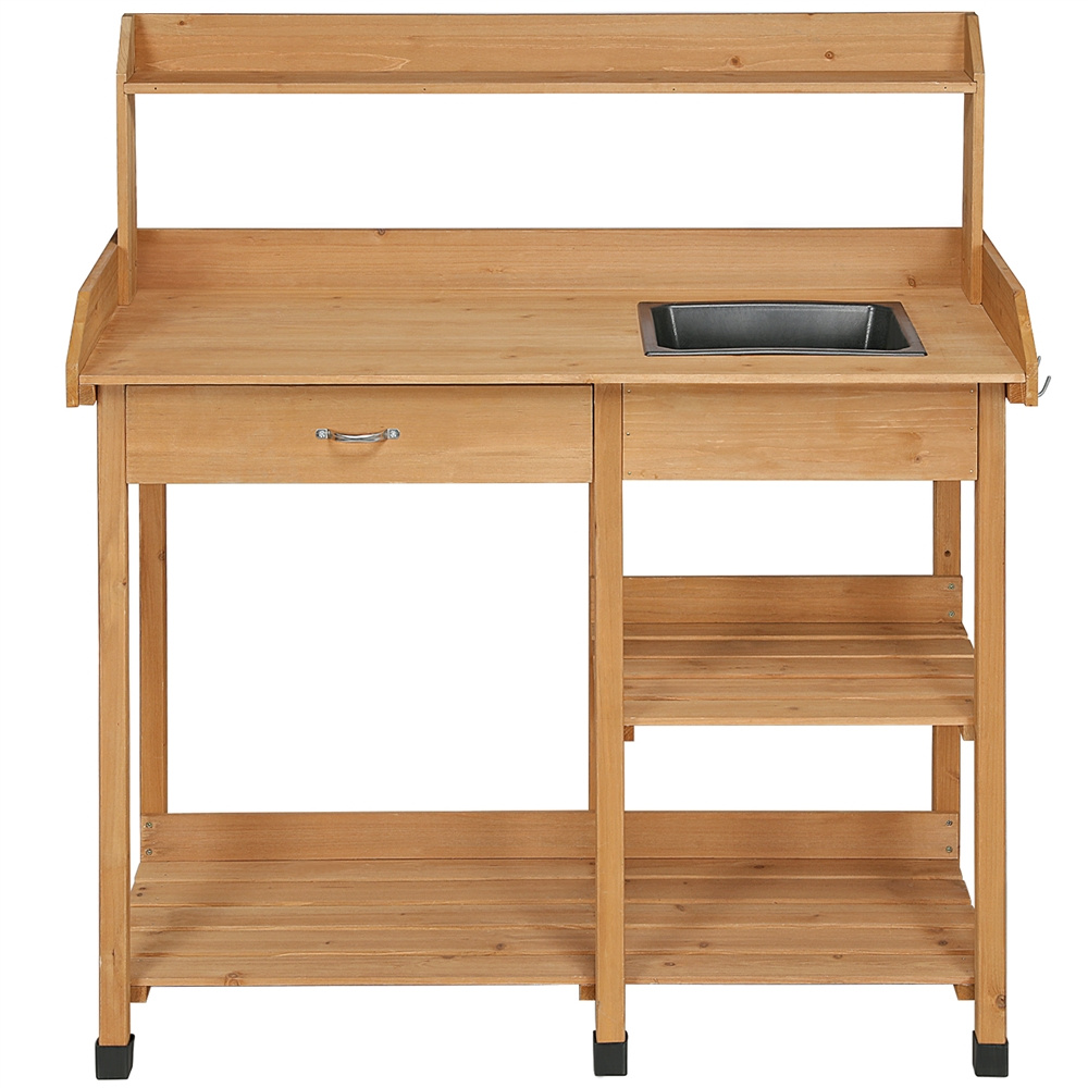 Four-Tier Garden Potting Bench with Removable Sink, Drawer, Adjustable Shelf and Three Side Hooks