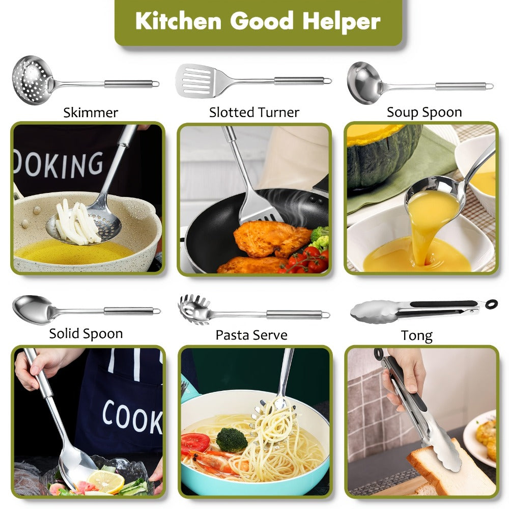 Stainless Steel Kitchen Utensils Set 12 Piece with Holder – Heat Resistant Cooking Utensils, Spatula, Ladle, Tongs, Whisk, Skimmer, Potato Masher, Slotted Spoon