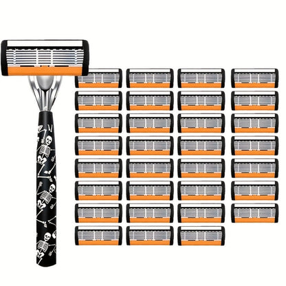 Safety Razor for Men 7-Layer Progressive Blades — Non-Slip Stainless Steel Handle Classic Double Edge Razor for Beard & Mustache Grooming, 1 or 2 Handle + 15–36 Blade Pack Options