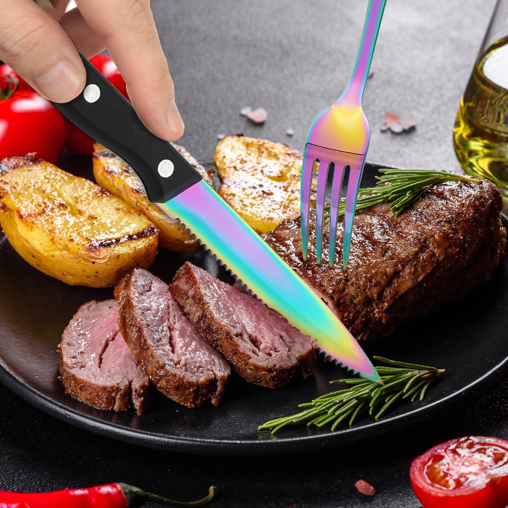 24-Piece Rainbow Flatware Set with Four Black-Handle Steak Knives and Six Four-Piece Utensil Groups