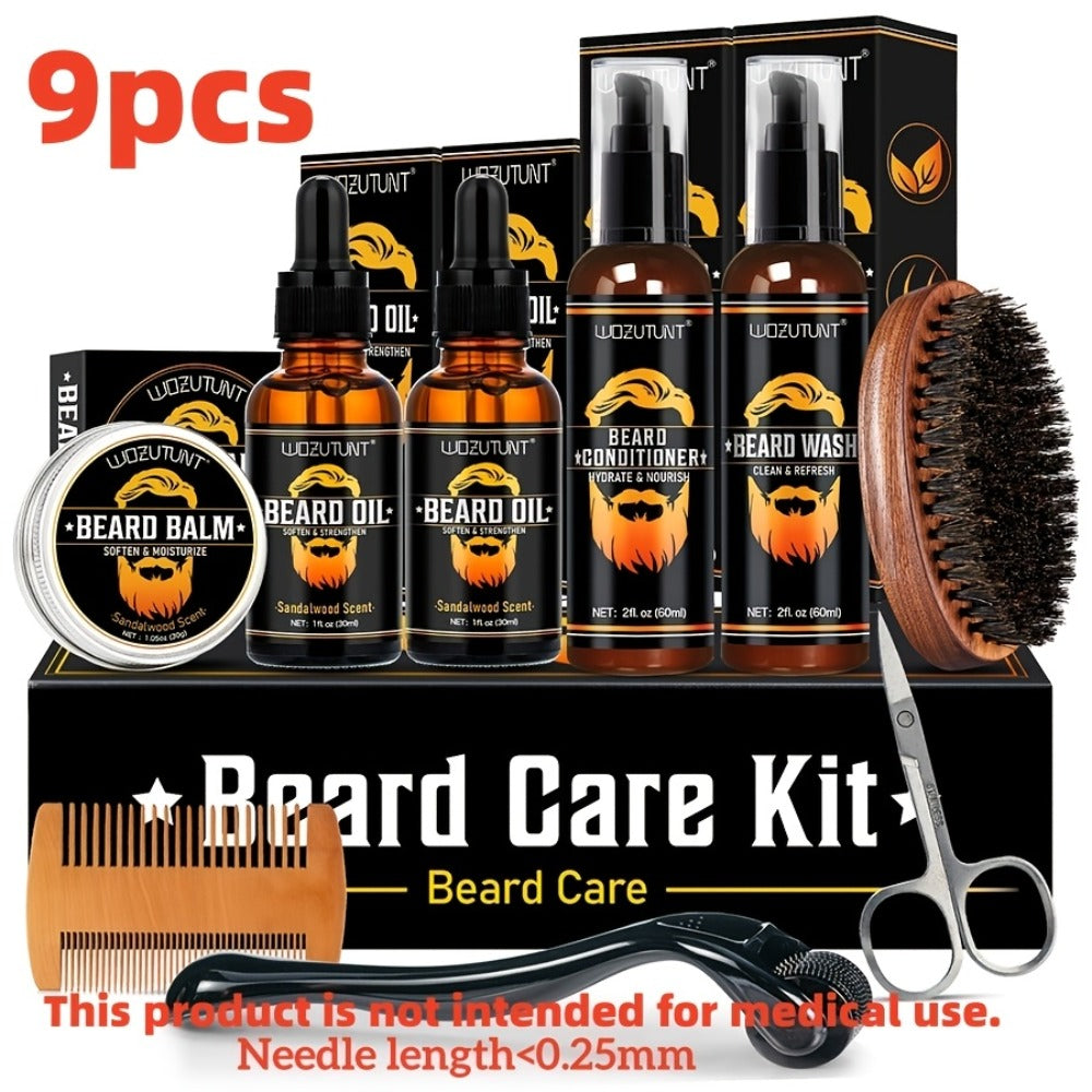 Beard Oil & Balm Grooming Kit for Men — 9-Piece Complete Beard Care Set with Conditioner Wash Brush Comb Clippers Travel Pouch, Beard Pen Option, Birthday Father's Day Gift