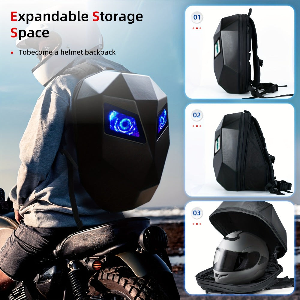 LED Motorcycle Backpack with Display Screen, Hard Shell Helmet Bag, USB Charging Port, 48x48 Dot Matrix Smart Riding Backpack, Large 19-Inch Laptop Compartment, Multiple Colors