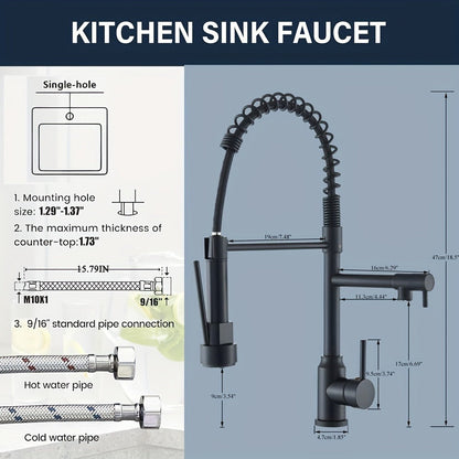 Single-Hole Pull-Down Kitchen Faucet with Spring Spout, 360° Swivel Sprayer and Three Finish Options