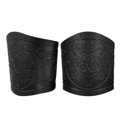 Viking Leather Cuff Bracelet Set 2pcs Norse Mythology Mjolnir Vegvisir Embossed Wristband for Men Women Halloween Gift