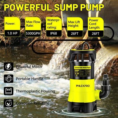 Submersible Sump Pump 1HP 5300GPH 750W with Float Switch 26ft Cord for Pool Pond Basement Garden