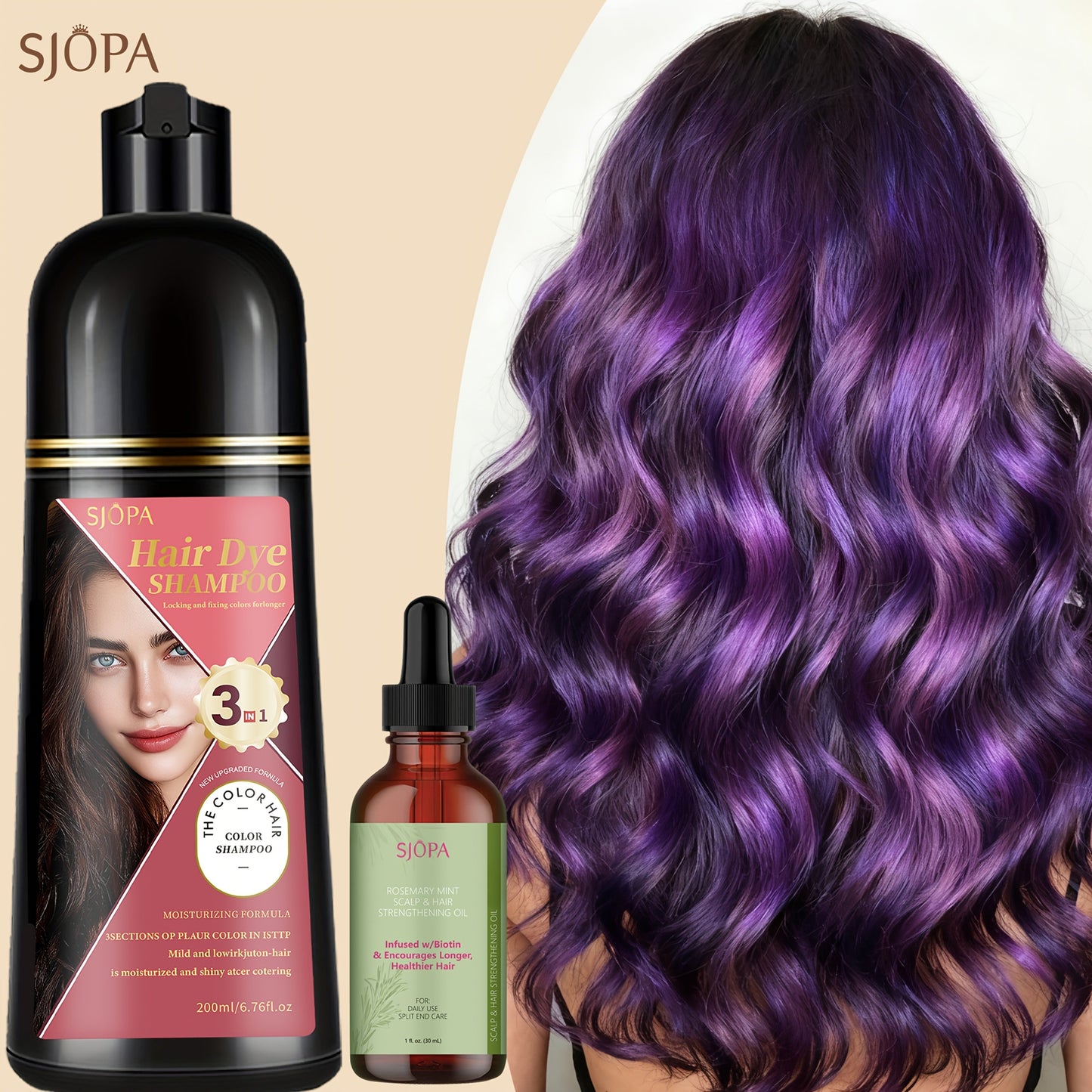 Hair Color Shampoo, SJOPA 3-in-1 Bottle-and-Dropper Set with 10 Rose, Brown, Purple and Black Color Options