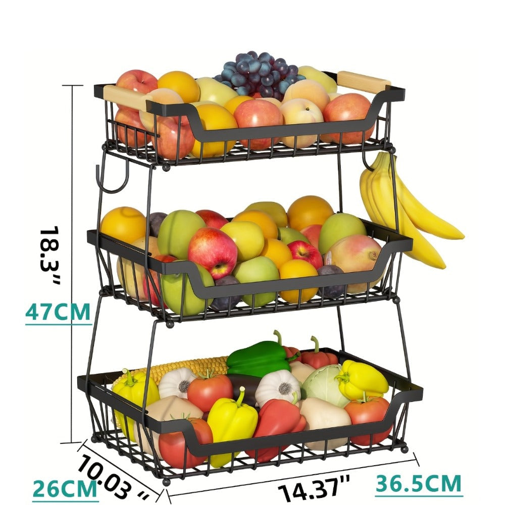 Two- or Three-Tier Black Wire Fruit Basket with Wood-Look Handle and Two Banana Hanger Hooks