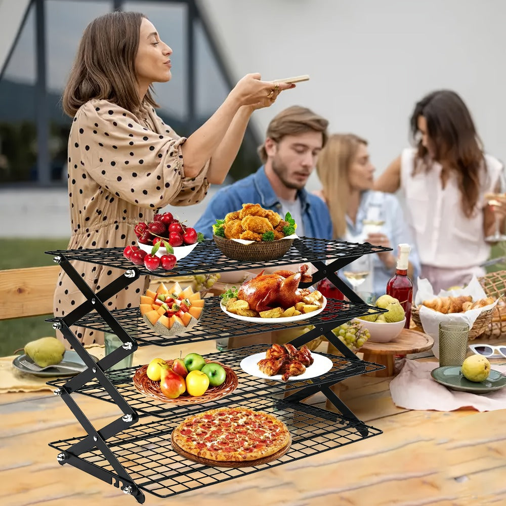 Foldable Cooling Rack Set – Stackable Oven Cookie Cake Drying Rack with Free Baking Tools (Silicone Spatula, Egg Beater, Tongs, Brush) | 3/4/5 Tier Options for Kitchen, Camping & Holiday Baking