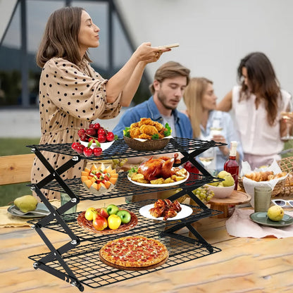 Foldable Cooling Rack Set – Stackable Oven Cookie Cake Drying Rack with Free Baking Tools (Silicone Spatula, Egg Beater, Tongs, Brush) | 3/4/5 Tier Options for Kitchen, Camping & Holiday Baking