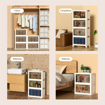 Stackable Storage Bins with Wheels & Drawers | Open Front Foldable Storage Organizer Bins for Home Bedroom Clothes Books Toys Holiday Christmas Gift Storage