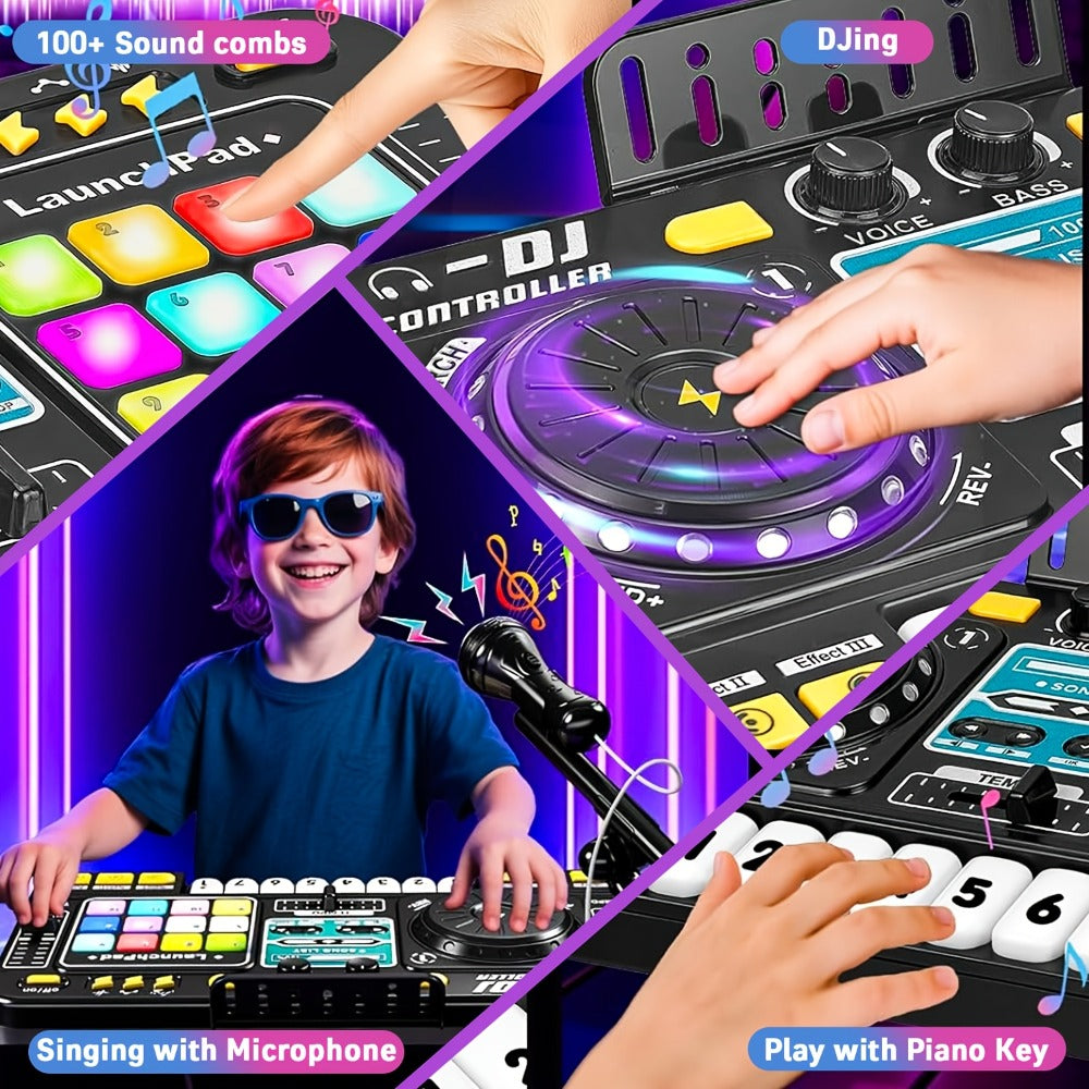 Kids DJ Mixer Toy Set with LED Lights, Microphone & Piano Keys, 100+ Sound Effects, Disco Mode, Rechargeable, Interactive Music Toy for Boys & Girls, Birthday Christmas Gift for Children Ages 3+, Black