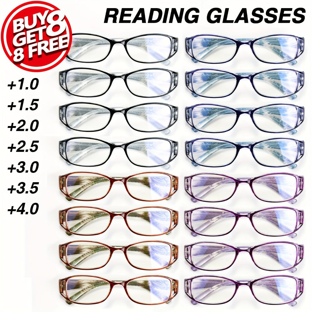 Reading Glasses – Sixteen-Pair Square-Frame Reader Set with Four Each in Purple, Blue, Brown and Black