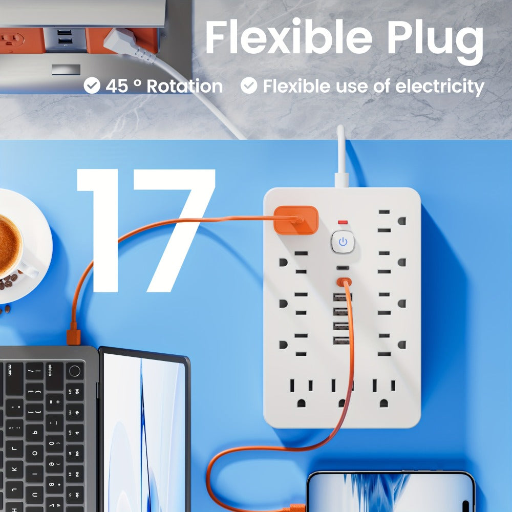 Power Strip 17-in-1 Flat-Plug Surge Protector with 11 AC Outlets, 4 USB-A, 2 USB-C and Spacious Outlet Layout