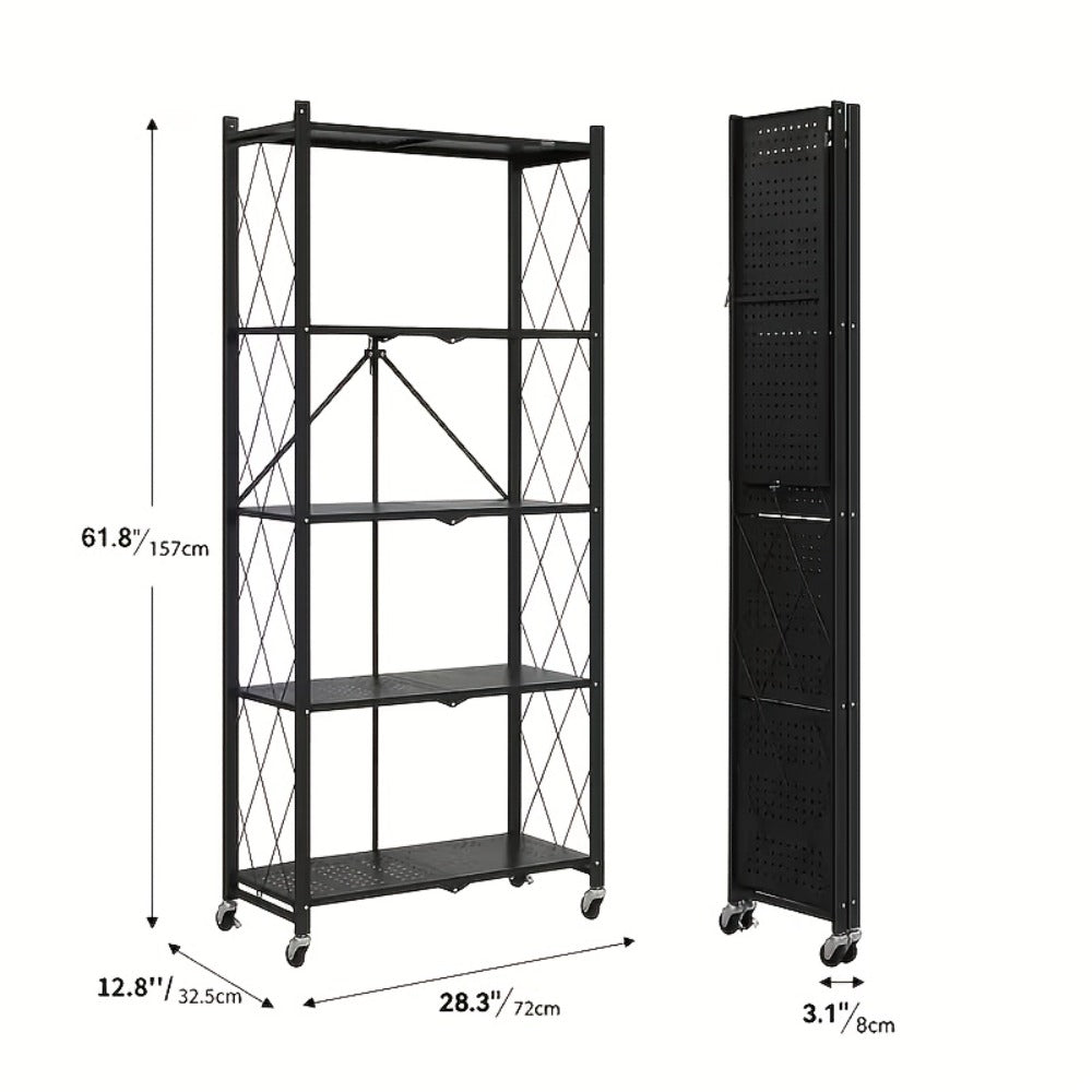 Three-to-Five-Tier Folding Storage Rack with Metal Shelves, Caster Wheels and Black or White Finish