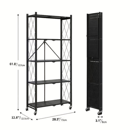 Three-to-Five-Tier Folding Storage Rack with Metal Shelves, Caster Wheels and Black or White Finish