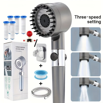 Filtered Handheld Shower Head High Pressure 4 Spray Modes ON/OFF Switch with Hose 5 Filter Elements Pet Shower