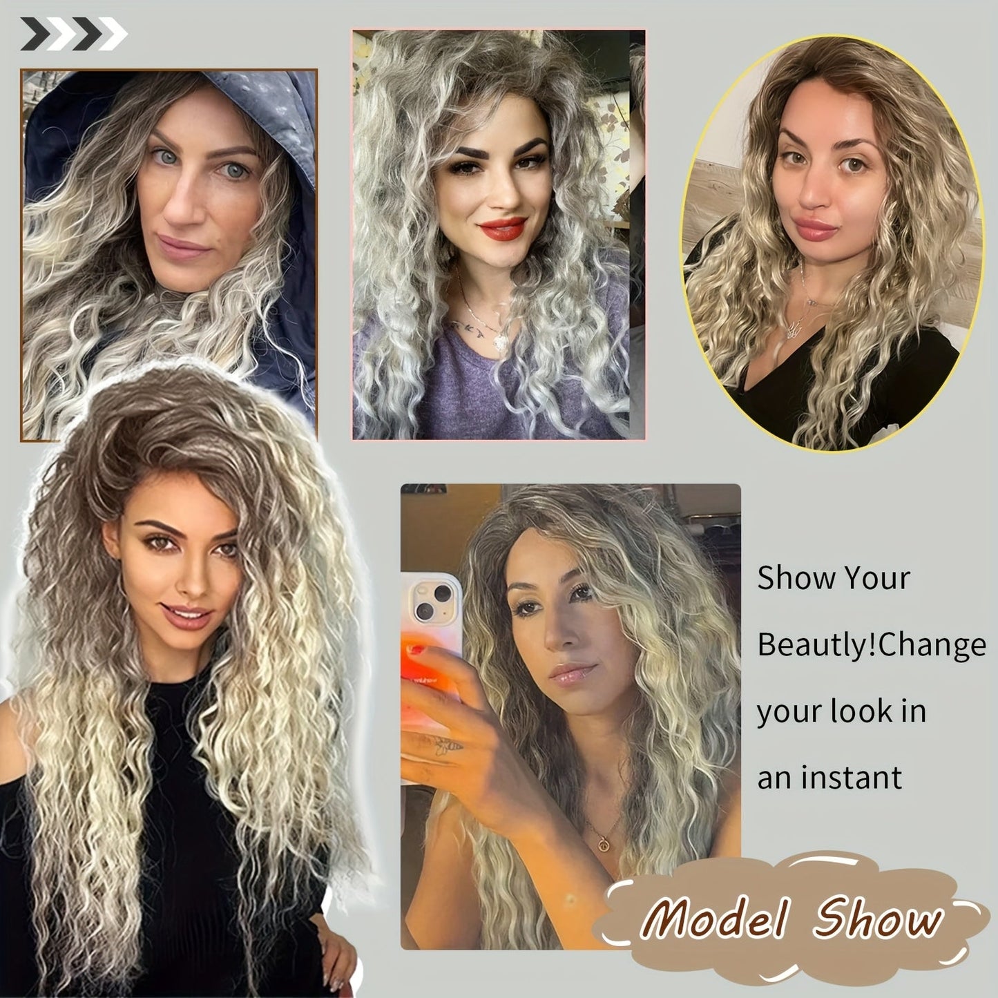 Synthetic Wig 30-Inch Long Curly Waves with Dark Roots, Middle Part and Three Ombre Colors