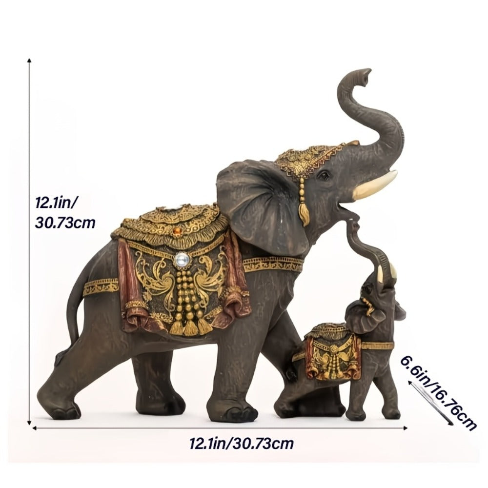 Mama and Baby Elephant Tabletop Figurine in Dark Brown with Raised Trunks and Ornate Gold-Tone Details
