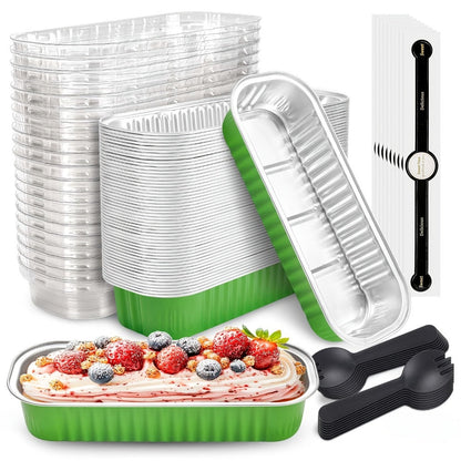 Mini Cake Pans 100 Pack with Lids and Spoons Aluminum Foil Rectangular Disposable Baking Pans 6.8oz for Cheesecake Desserts Gifts Party Catering 6 Colors