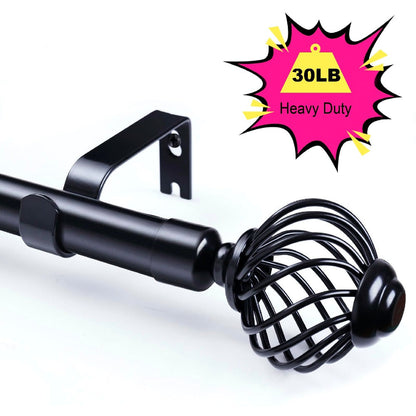 Black Adjustable Curtain Rod with Lattice Finials and Four Length Ranges from 18–32 to 34–152 Inches