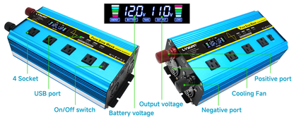 Blue 12V or 24V DC to 110V AC Power Inverter with LCD, Four AC Receptacles and Remote Presentation