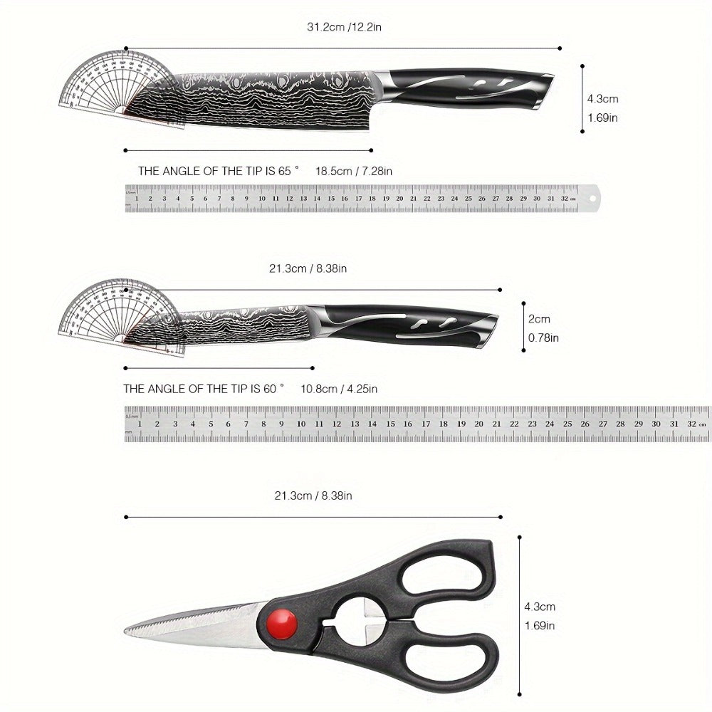 Kitchen Knife Set 7-Piece Damascus Pattern Stainless Steel with Universal Knife Block Holder – Chef Knife, Fruit Knife & Safety Knives Included, Non-Slip Handle