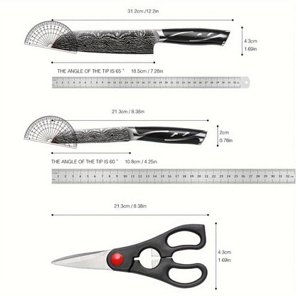 Kitchen Knife Set 7-Piece Damascus Pattern Stainless Steel with Universal Knife Block Holder – Chef Knife, Fruit Knife & Safety Knives Included, Non-Slip Handle