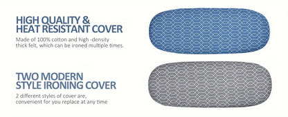 Mini Blue Tabletop Ironing Board with Short Folding Legs, Hanging Loop and Geometric Cover