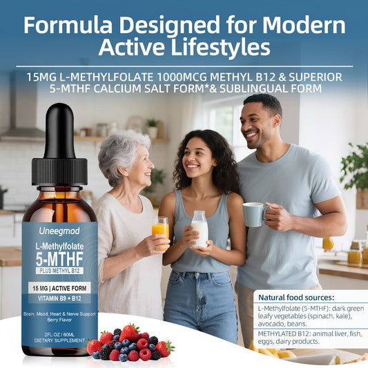 L-Methylfolate 15mg Liquid Drops 2fl oz with Methylated B12, Active 5-MTHF for Brain, Heart & Nervous System Health, MTHFR Support, Gluten Free Berry Flavour for Men & Women
