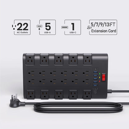 Surge Protector Power Strip 28-in-1 with 22 AC Outlets, 5 USB-A, 1 USB-C, 2100J Rating and 5 to 13 ft Cord Options