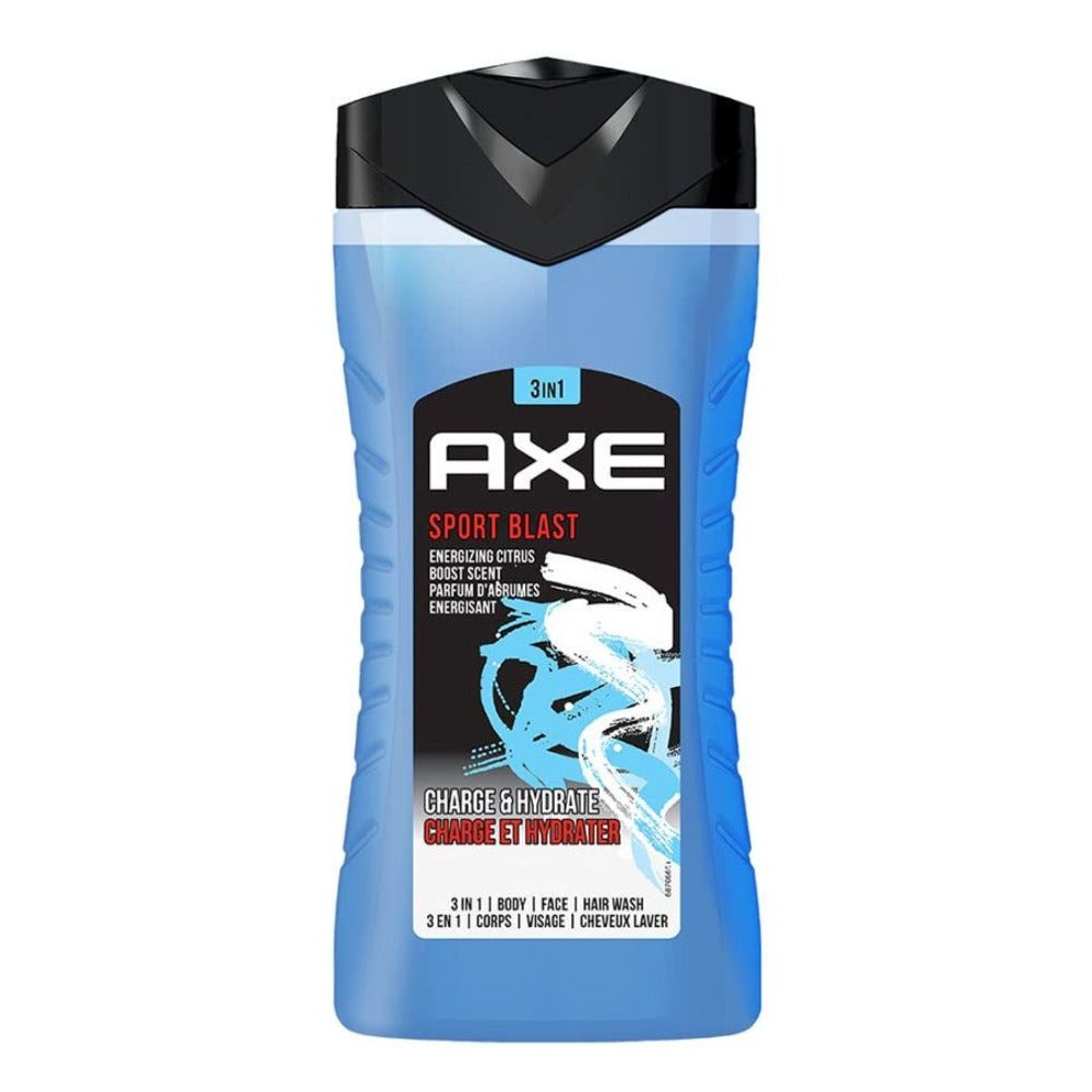 Three-Pack AXE Sport Blast Body Wash with 250ml Blue Flip-Cap Bottles and Matching Front Labels
