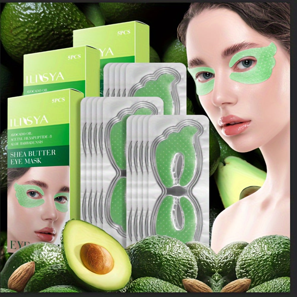 Three-Box Avocado-Print Under-Eye Patch Set with Green Individual Packs and Shea Butter Package Wording
