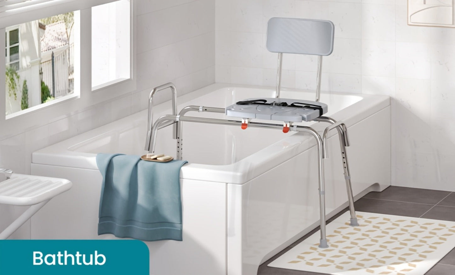 Sliding Bathtub Transfer Bench with Reversible Grey Seat, Safety Rail, Backrest and Adjustable Legs