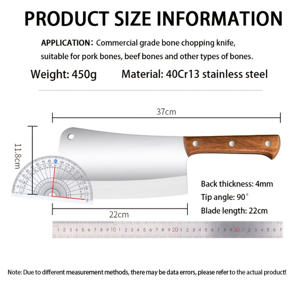Extra-Thick 22 cm Blade Meat Cleaver with Hanging Hole, Broad Chopping Profile and Wood-Tone Handle